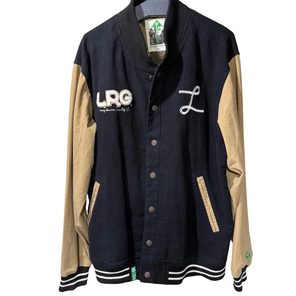 LRG Mens XXL Black Tan Deeper Roots Varsity Jacket Embroidered Streetwear Y2K